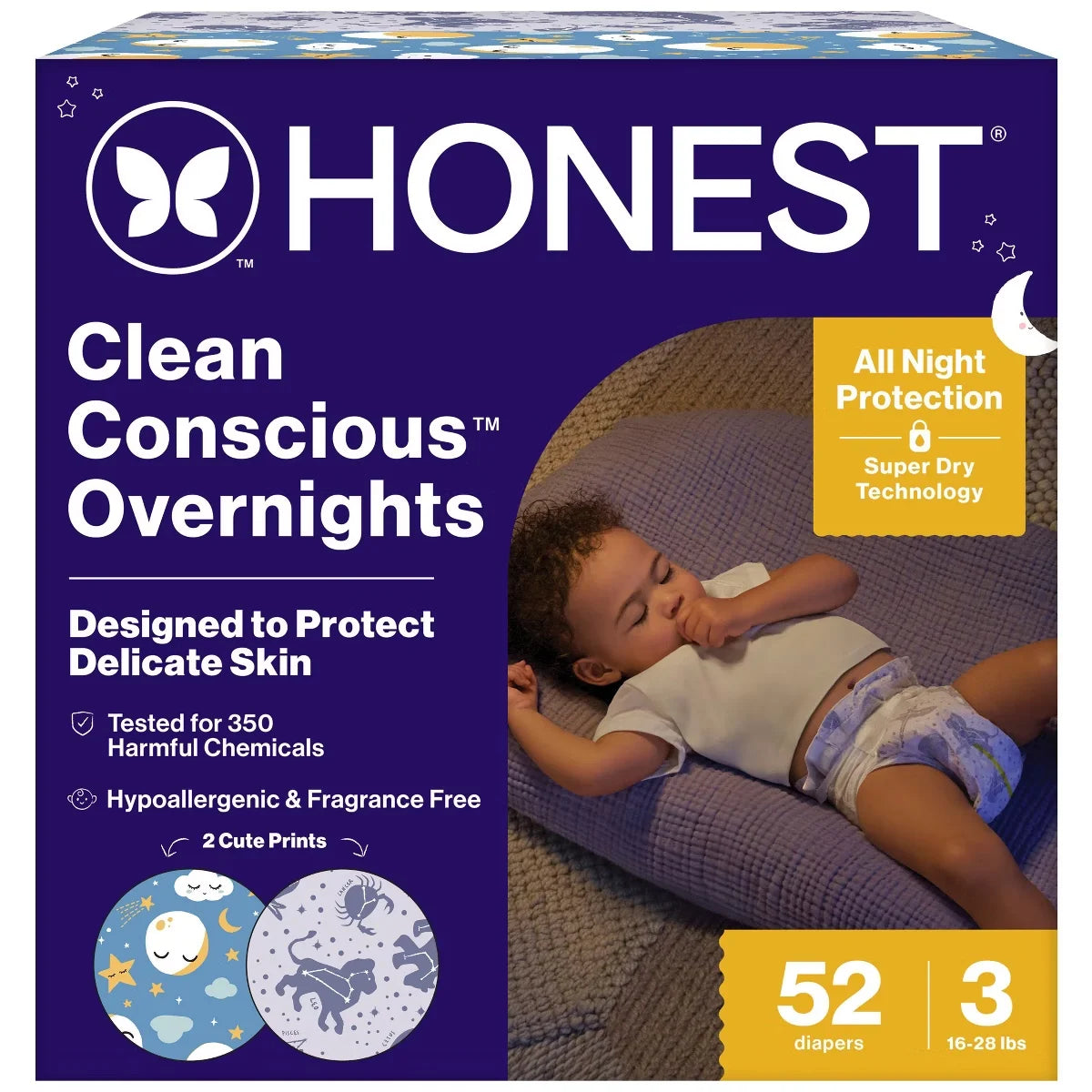 The Honest Company Clean Conscious Disposable Overnight Diapers Cozy Cloud + Star Signs  - (Select Size and Pattern)