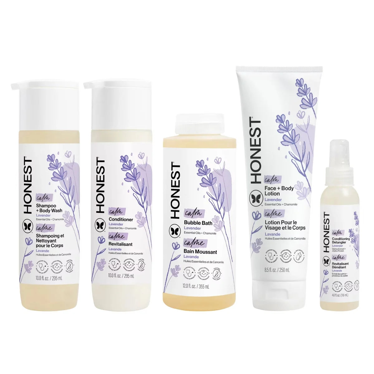The Honest Company Calm Conditioner 10 fl oz +Shampoo & Body Wash 10 fl oz + Detangler 4 fl oz + Face + Body Lotion  8.5 fl oz + Bubble Bath 12 fl oz